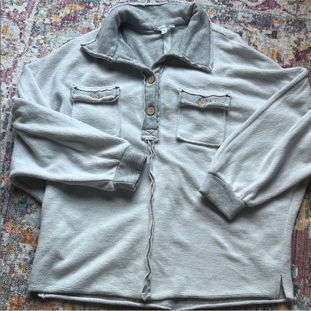 Sewn + Seen Gray Henley Pullover Sweatshirt Raw Edge Button Front Size M